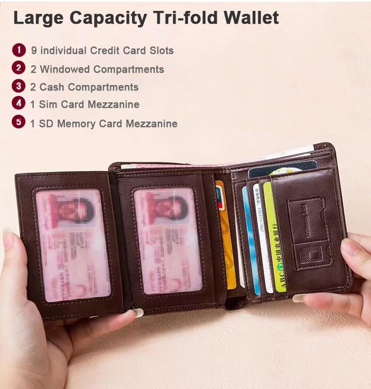 Leather Wallet for Men | Genuine Leather RFID Blocking Trifold Stylish Wallet | Ultra Strong Stitching | Extra Capacity With 2 ID Window, 9 Card Slots and 2 Cash Compartments3