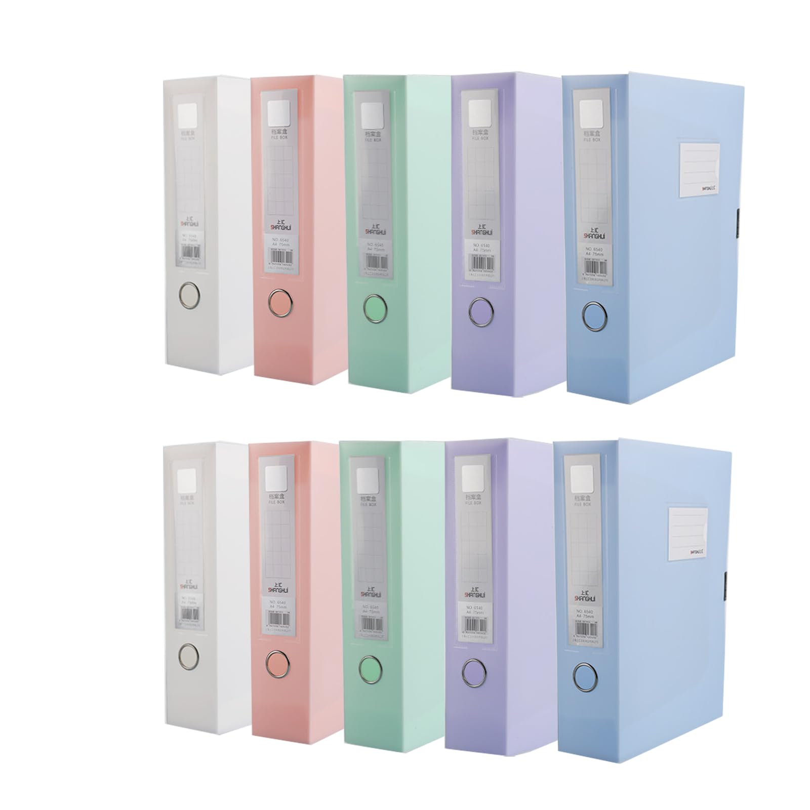 10 Pack Box Files A4,75mm Plastic Box File Box Folders for Paperwork, Colour A4 Box Files Assorted with Ring Pull and Catch for Office School Home (Blue,Purple,Red,White,Green)