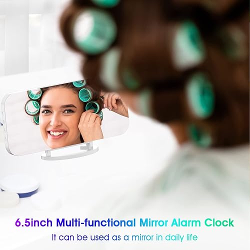 Miniatura 7 de WulaWindy Reloj despertador RGB  Reloj digital LED con superficie de espejo con puertos USB duales para maquillaje, mejor decoración moderna para el