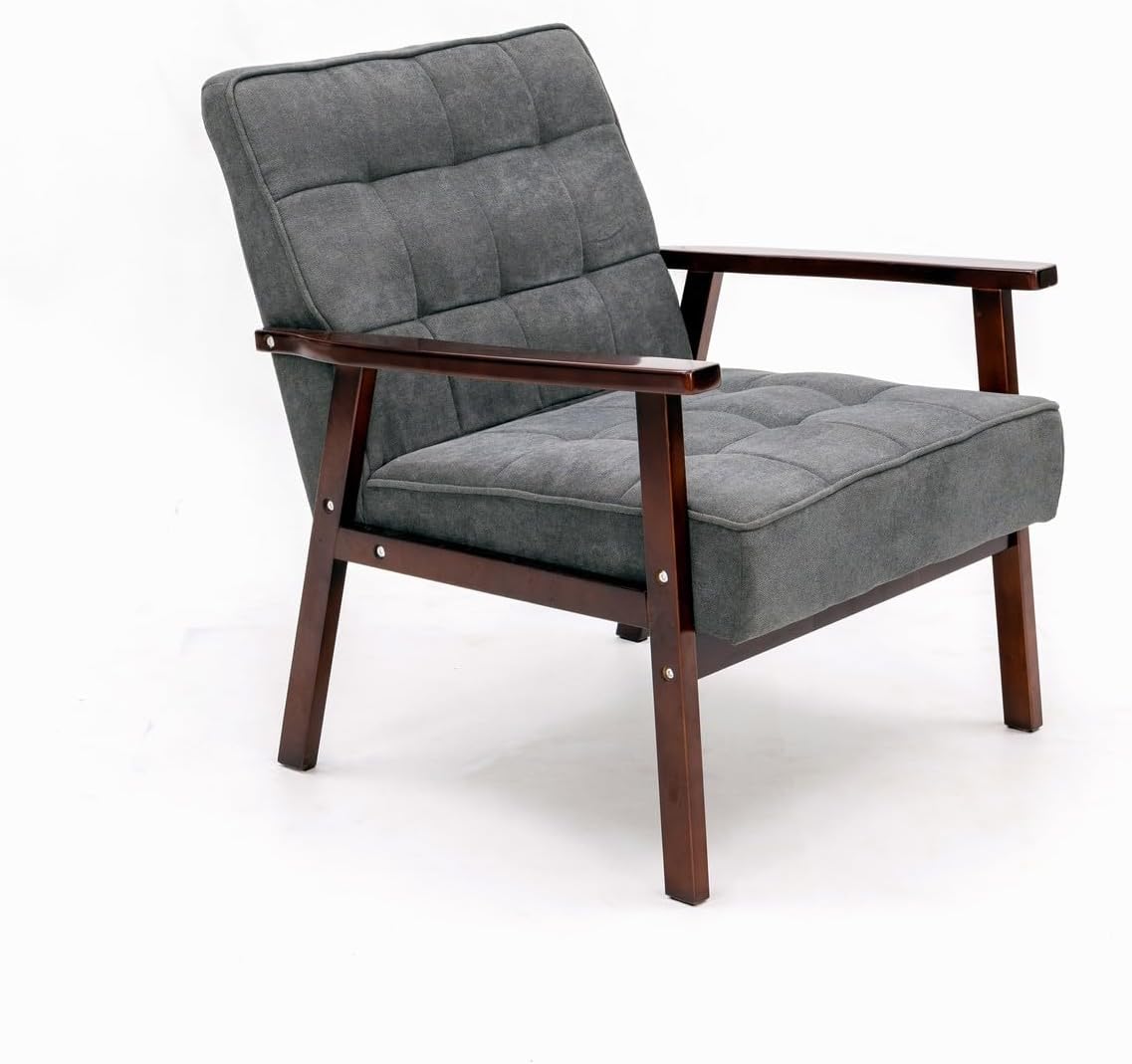 Panana Mid Century Accent Chair, Modern Linen Armchair with Wood Frame