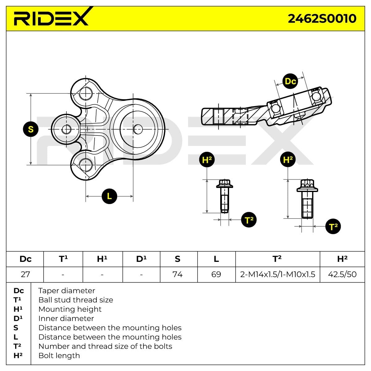 RIDEX 2462S0010 Rotule de suspension des deux côtés de l'Avant sans rotule de suspension