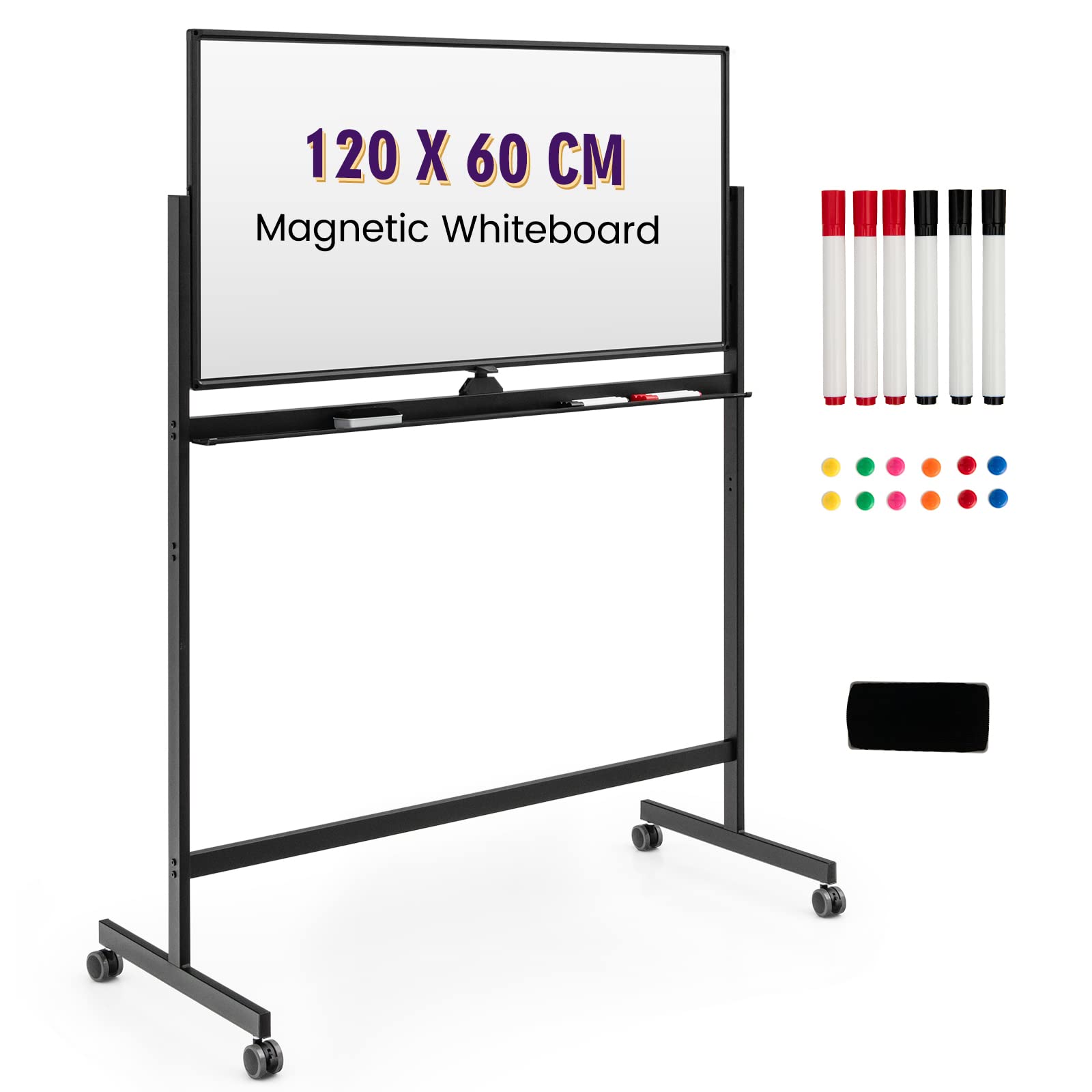 GIANTEX 120 x 60 cm dwustronna tablica magnetyczna z kołami, regulowana wysokość w 360° z 6 markerami, 12 magnesami i 1 gumką, odwracalna tablica do biura, domu, szkoły (czarna)