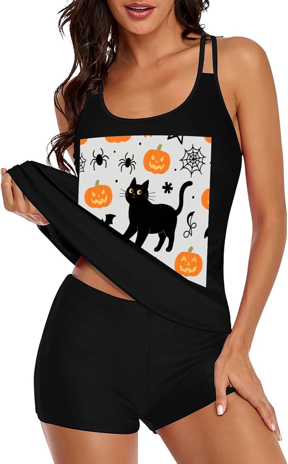 Halloween Black Cat Tankini Swimsuits for Women Tummy Control Two Piece Bathing Suits Swim Tops with Boy Shorts
