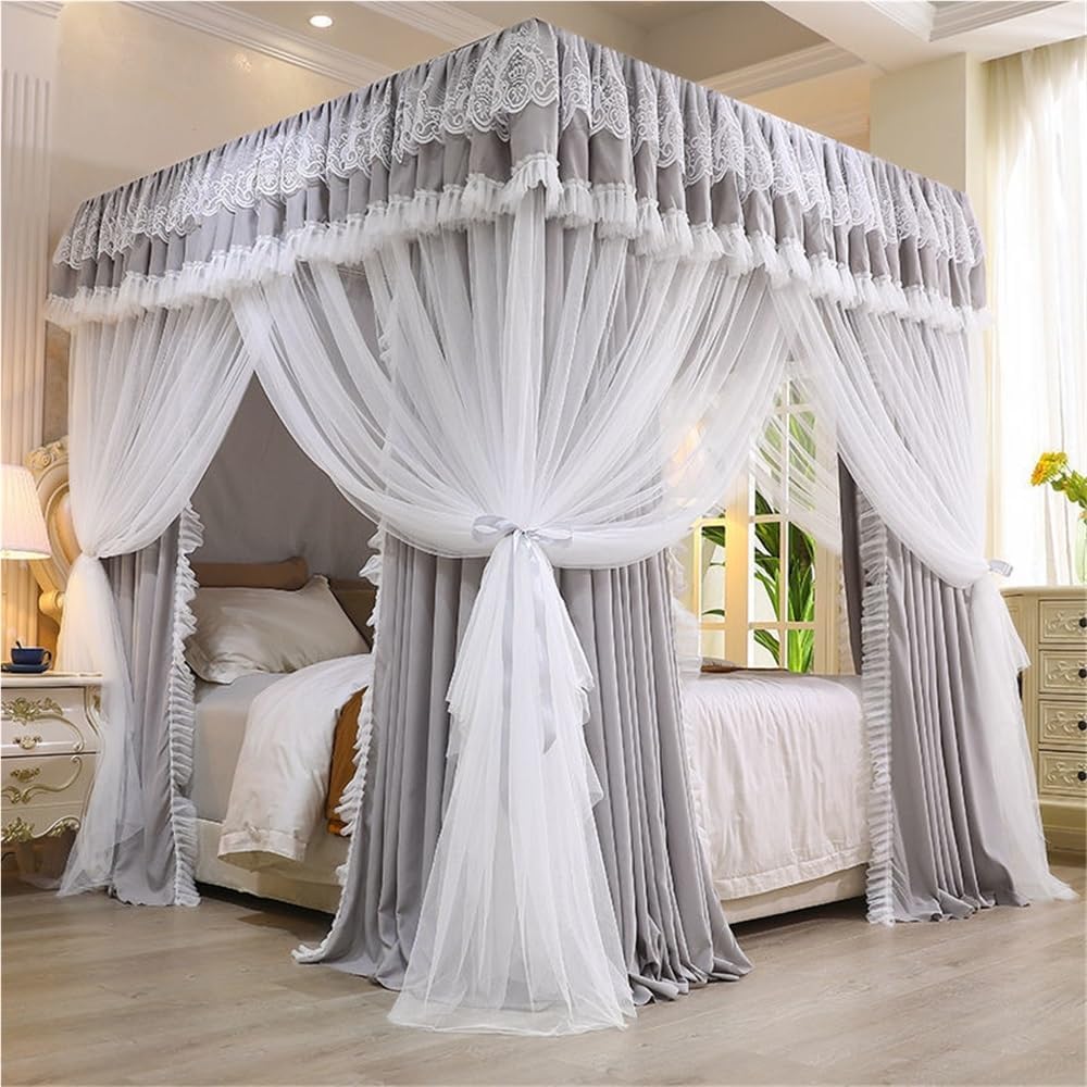 Elegant Bed Canopy Curtain, 4 Corners Post Bed Canopy, Double-Layer Bed Curtain Mosquito Net, Canopy Bed Curtains for Bedroom, Home Decoration and Dorm(Gray,78.7 * 86.6in)