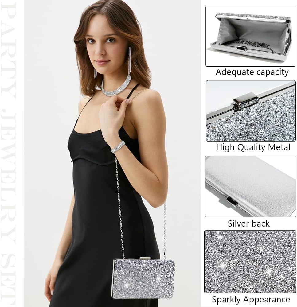 7Pcs Silvery Clutch Purse Jewelry Set for Women Bride Wedding Tennis Stretch Bracelets Ring Earrings Shiny Silvery CZ Accessories Set for Evening Party - Image 5