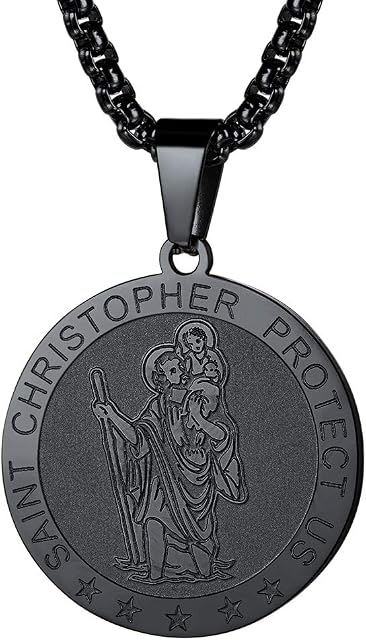 FaithHeart Personalised St Christopher Necklace for Men Engraved Patron Saints of Travellers Pendant Catholic Jewellery Gold/Black/Stainless Steel Saint Christopher Necklaces Christening Gifts for Boys Child