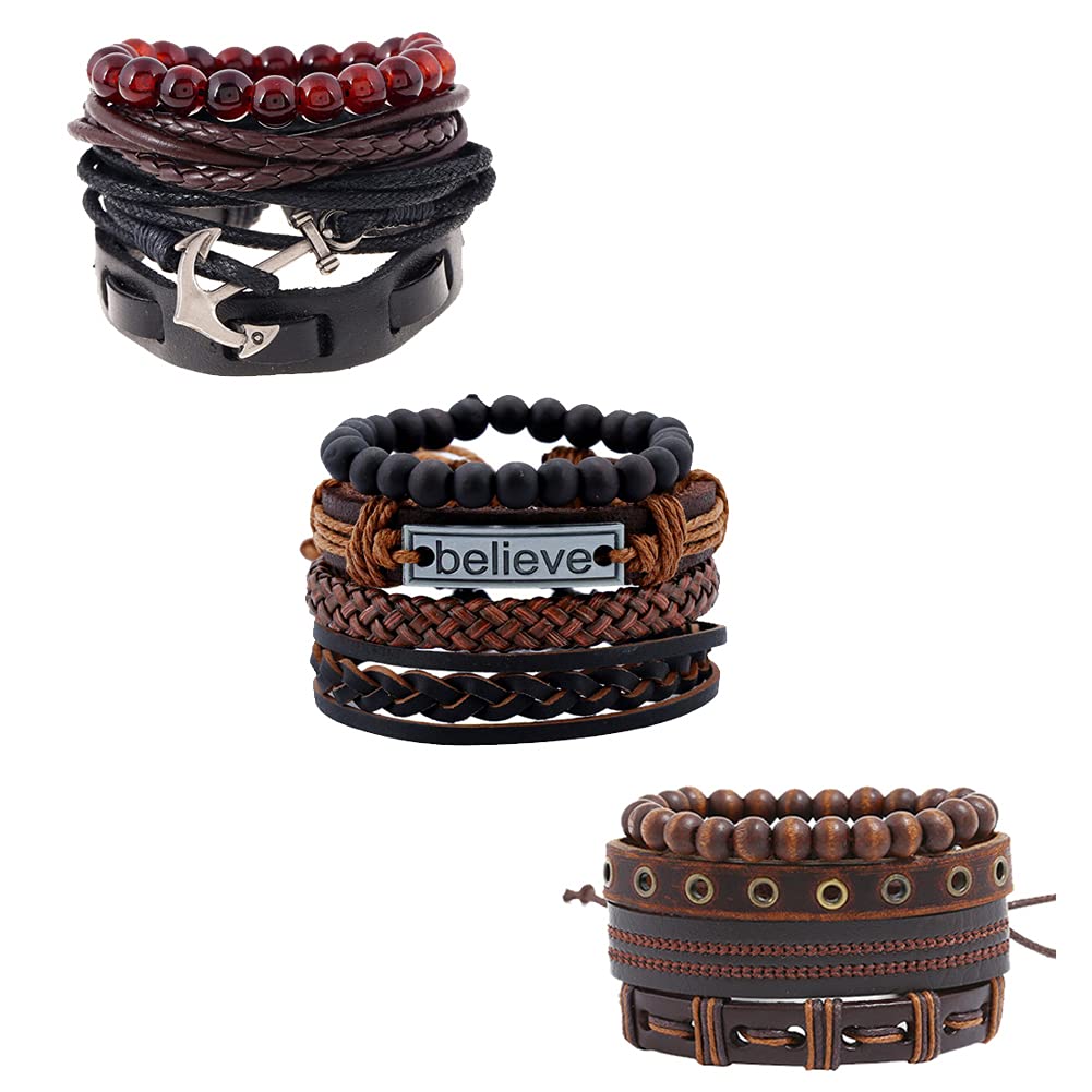 EVBEA12PCS Mens Bracelets Braided Leather Wristband Punk Rope Bracelet Cuff Vintage Wrap Set Leather Bracelets for Men Adjustable Trendy Multilayer Bracelets for Boys