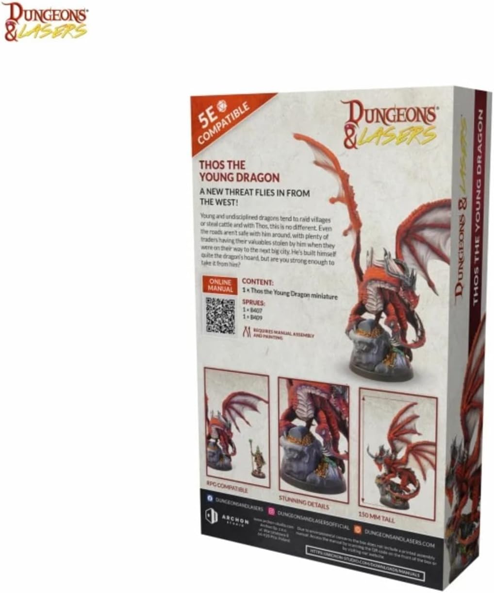 Dungeons & Lasers Thos Dragon Miniature Figure - Tall 5.9" Height (150mm) with Scenic Base - 5E Compatible for DND and Tabletop RPG Games - Highly Detailed and Unpainted