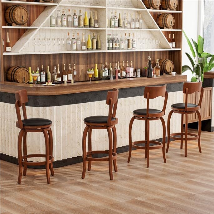 ERGOMASTER Swivel Bar Stools, Stools with Back Support, Rubber Wood Frame, Upholstered Seat Barstools for Kitchen Island, Home Bar, Pub (2, 24 Inch)