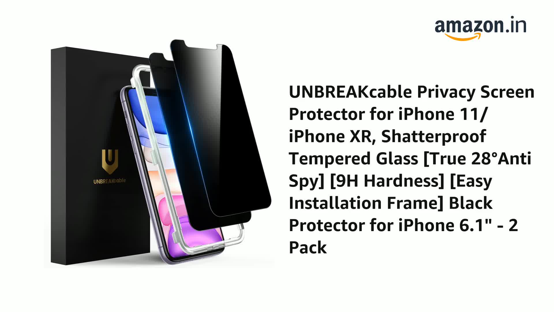 UNBREAKcable Privacy Screen Protector for iPhone 11/ iPhone XR,  Shatterproof Tempered Glass [True 28°Anti Spy] [9H Hardness] [Easy  Installation Frame] Black Protector for iPhone 6.1