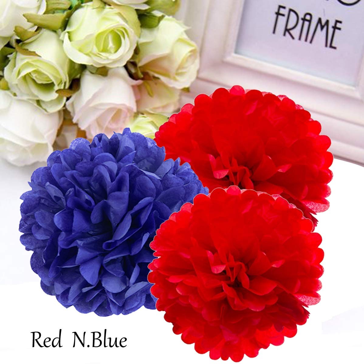 AMFIN® 18 Pcs. 10" Tissue Paper Pom Pom Flower Balls for Birthday Wedding Party Anniversary Welcome Baby Shower Decorations - Red & Navy Blue 3