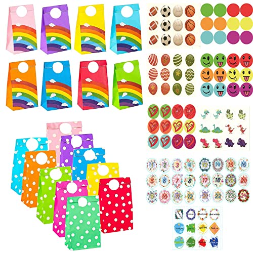 Papiertüten Bunt,Kraftpapiertüten, 8 Regenbogen-Geschenktüten, 10 bunte Geschenktüten und 108 Aufkleber zum Verpacken von Geschenken für Kindergeburtstage, Hochzeiten, Partys und mehr Cover