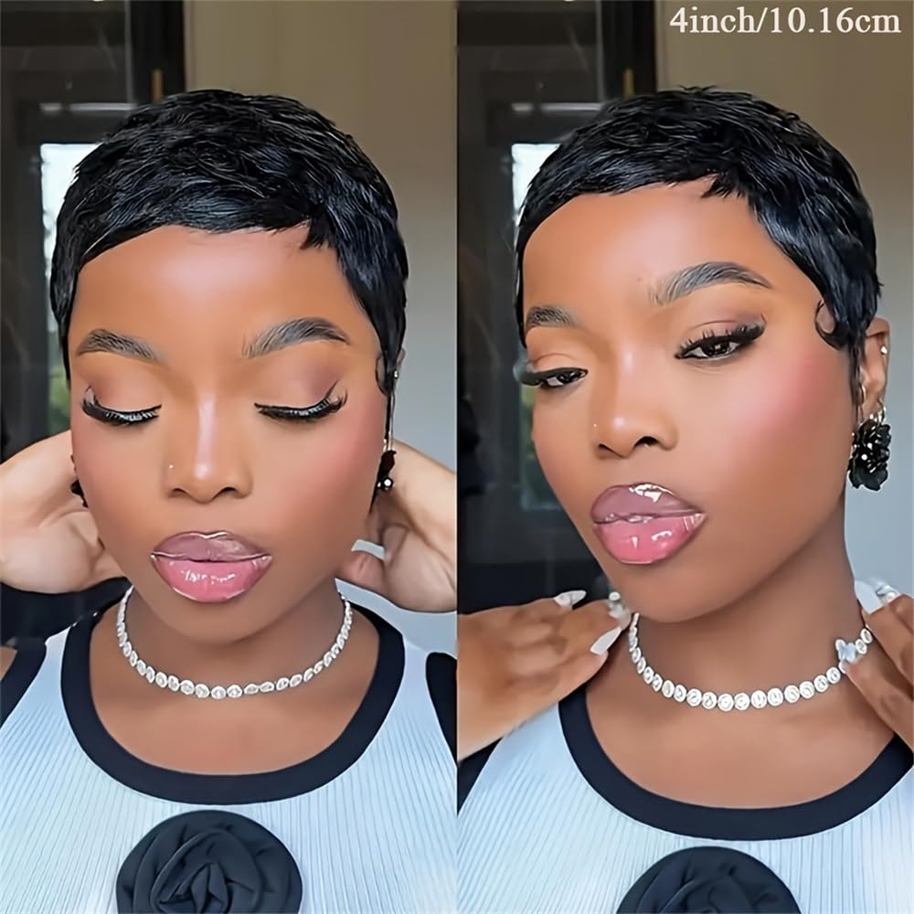 6 Zoll natürliche Schwarze Echthaar-Pixie-Cut-Perücke