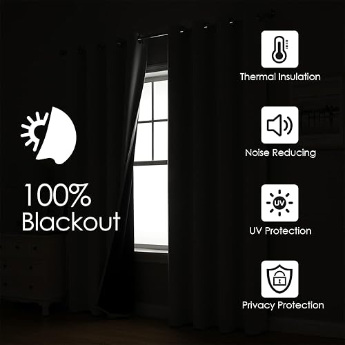 Miniatura 2 de ChrisDowa Cortinas 100% opacas para dormitorio con forro negro, 2 capas gruesas, totalmente opacas, con aislamiento térmico y ojales, juego de 2