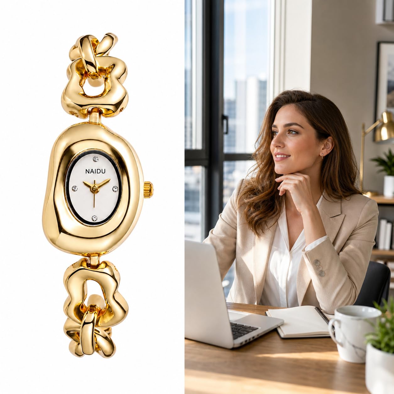 OIDEA Orologi da donna in oro al quarzo, cinturino irregolare vintage