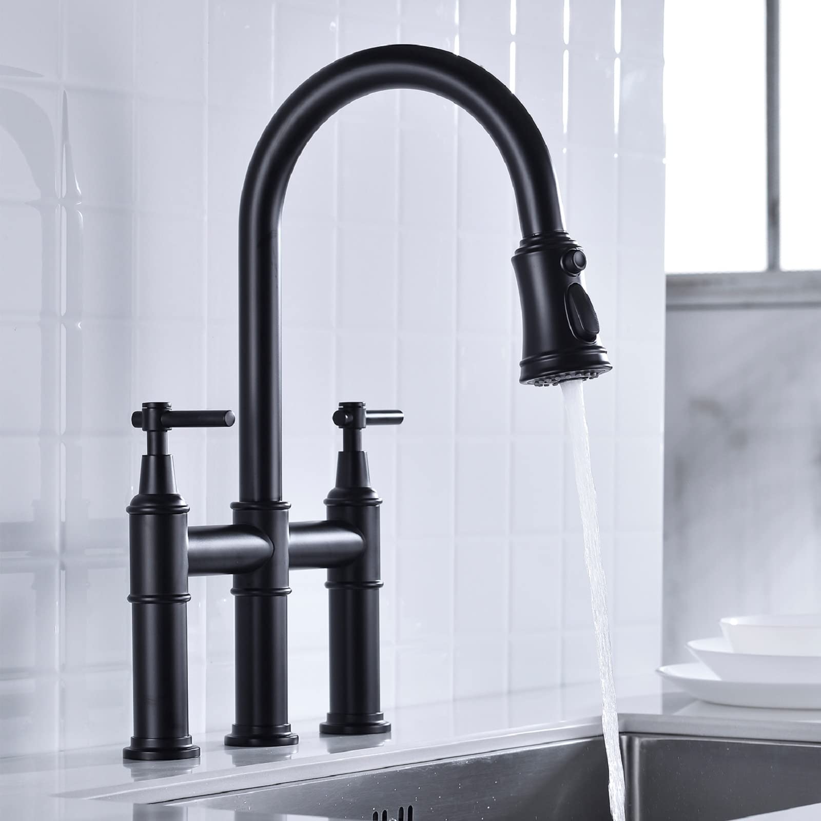 Robinet de cuisine en acier inoxydable noir avec double poignée cuivre et douchette extensible