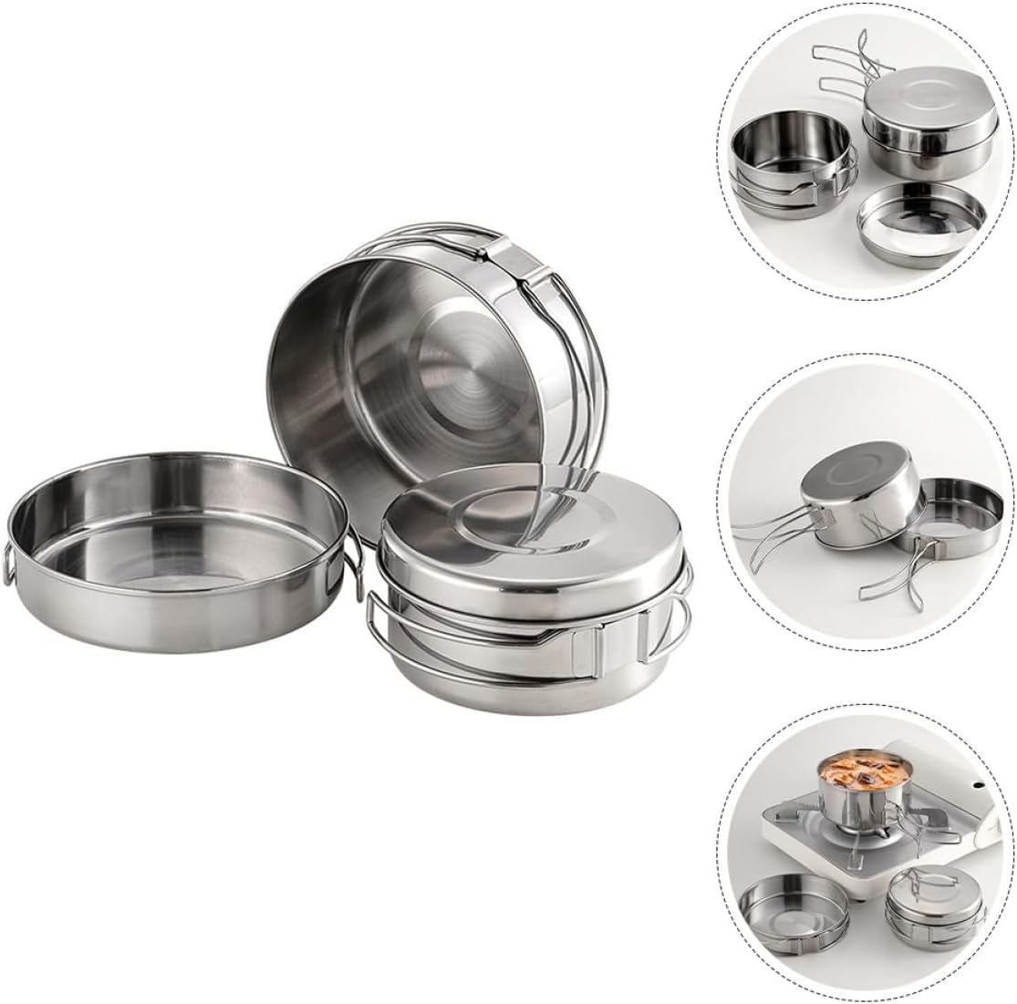 Stainless Steel Camping Cookware Set Portable Camp Cooking Pot Pan Kit Foldable Handle Outdoor Picnic Mess Kit Lightweight Sturdy