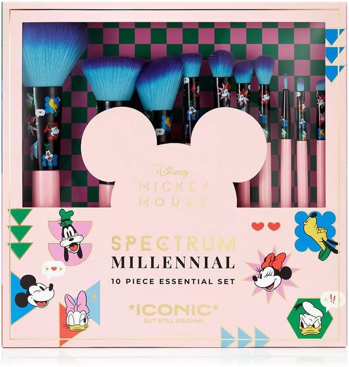 Spectrum Collections Disney Iconic 10 Piece Essential Makeup Brush Set for Eyes, Lips, Face and Brows Made from Synthetic Taklon Hair, Mickey Mouse