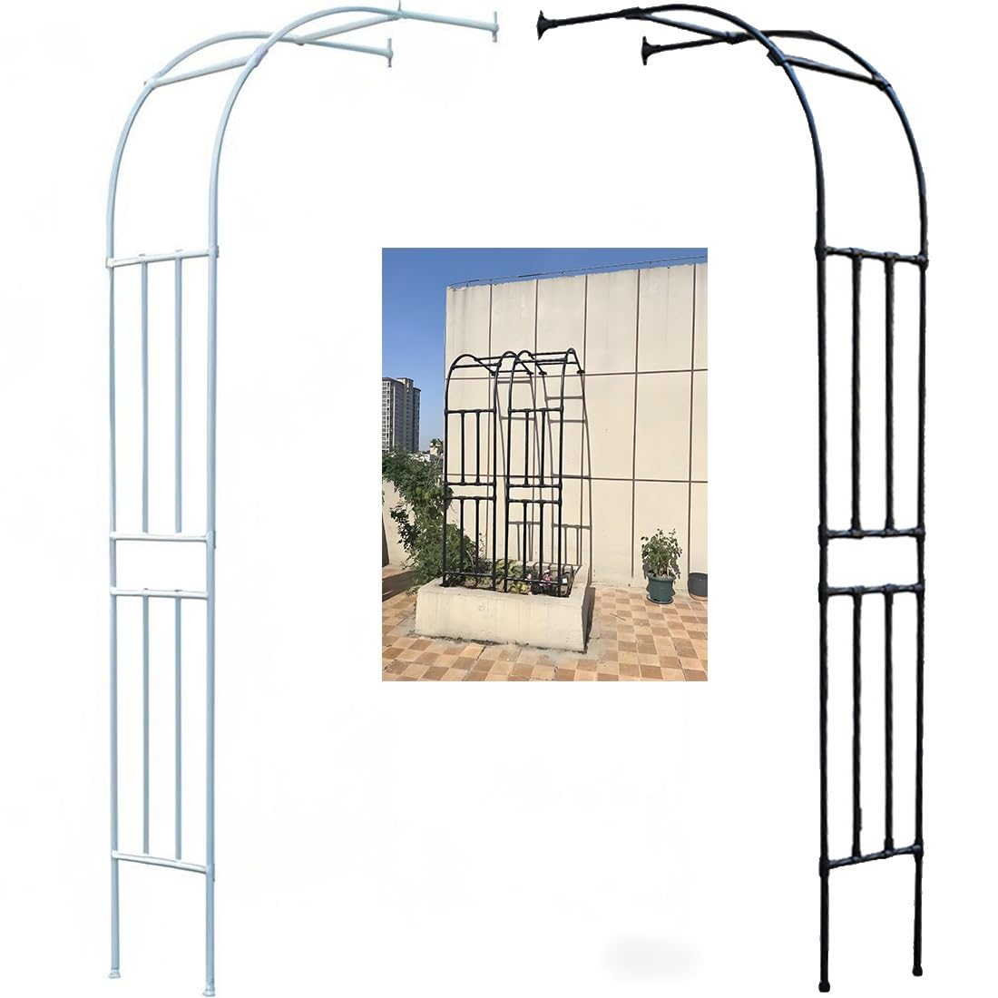 Traliccio semicircolare da giardino per esterni, 10 misure, supporto per rose in metallo, per piante rampicanti, decorazione da giardino, per patio, bianco (altezza 240 x larghezza 240 cm)
