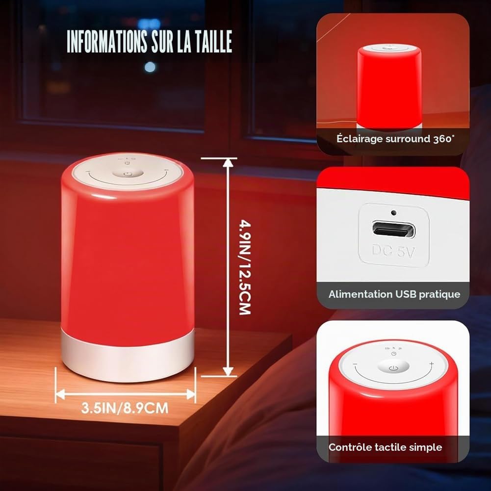 Fonction Aide au Sommeil et Lampe de Lumière du Jour, Thérapie par Lumière Rouge pour Le Sommeil, Lumières Nocturnes Rouges avec Longueur d'onde de 670nm, Type Tactile