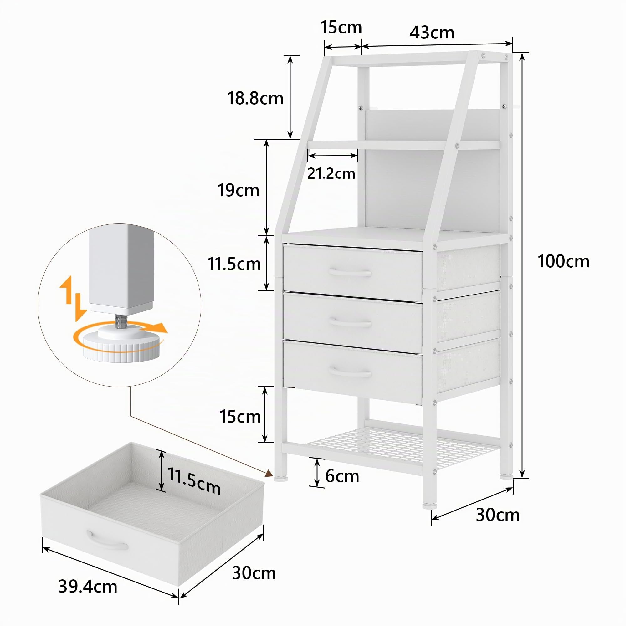 Feonase Mesita de noche ancha con 3 cajones de tela y compartimento abierto, adecuada para dormitorio, sofá y sala de estar pequeña, color blanco