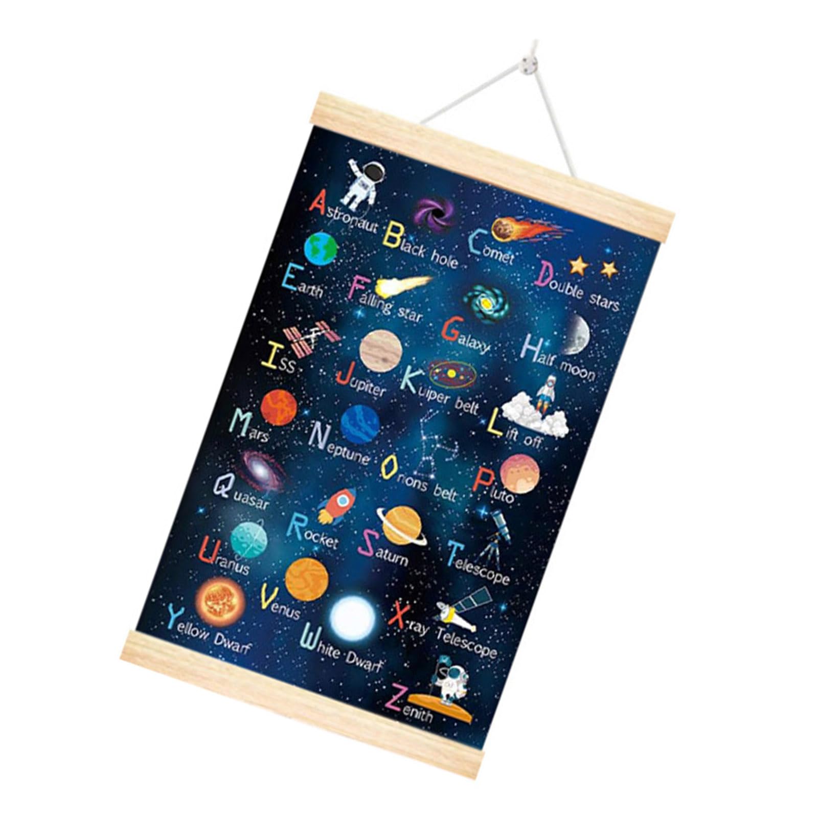 alloneslife Educational Space Wall Art Space Planet Alphabets Poster with Wood Hanger Frame for Kids Room and Classroom Wall Decors Kids Room Decors