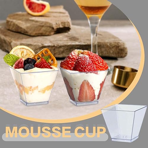 Miniatura 5 de Oomcu Paquete de 100 vasos pequeños cuadrados de plástico transparente para postre de 2 onzas, mini vasos desechables para helado, yogur, pudín,