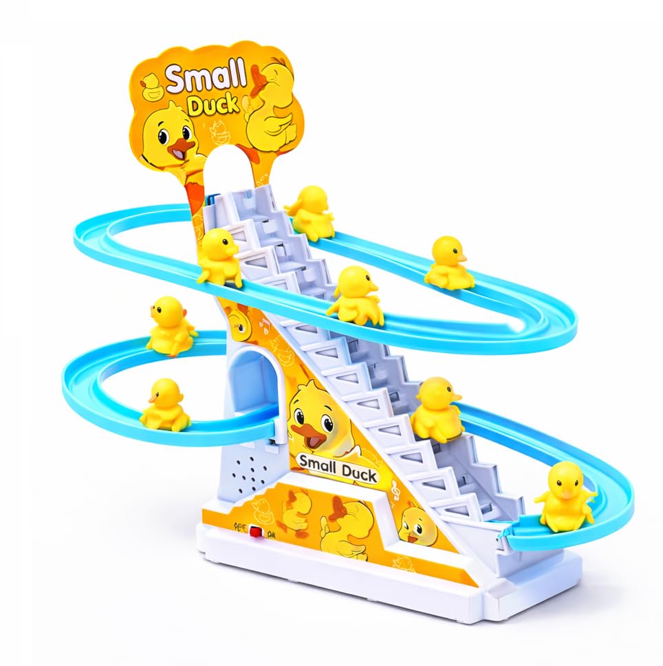 Brand Conquer Duck Slide Toy Set, Funny Automatic Stair-Climbing Ducklings Cartoon Race Track Set Little Lovely Duck Slide Toy Escalator Toy with Lights and Music (Duck Track Set)