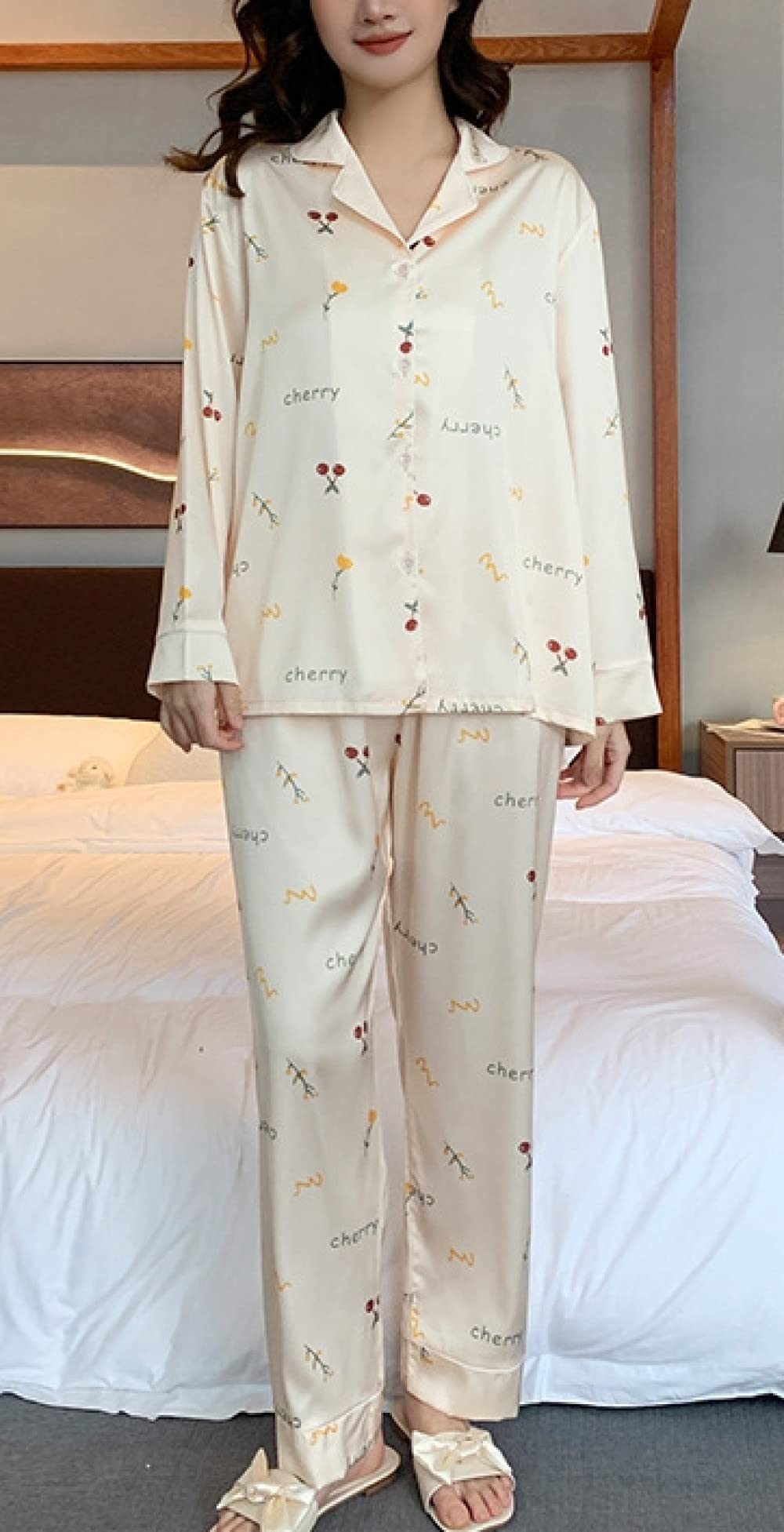 Ensembles De Pyjama Femme,Yellow Revers Cute Cherry Print Set De Vêtements De Nuit À Manches Longues pour Femme Pyjama Deux Pièces Soft Classic Casual Loungewear Festival Cadeau pour Les Sœurs