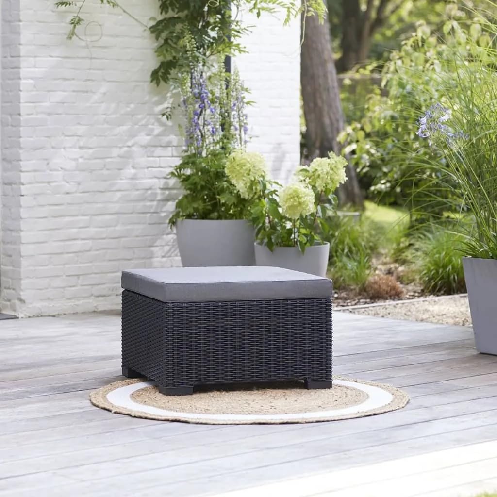 Keter Allibert by California Tabouret Repose-Pieds, Table de Jardin en Plastique, avec Coussin extérieur, Gris, Aspect rotin, 68 x 68 x 35 cm