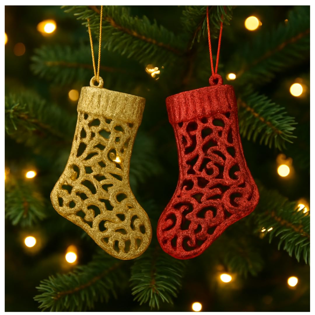 Wanna Party Santa Stocking Ornaments 6 Inch (Set of 2) | Luxurious Red & Gold Fabric Xmas Tree Hanging Decorations | Ideal for Mantels, Wreaths & Centerpieces