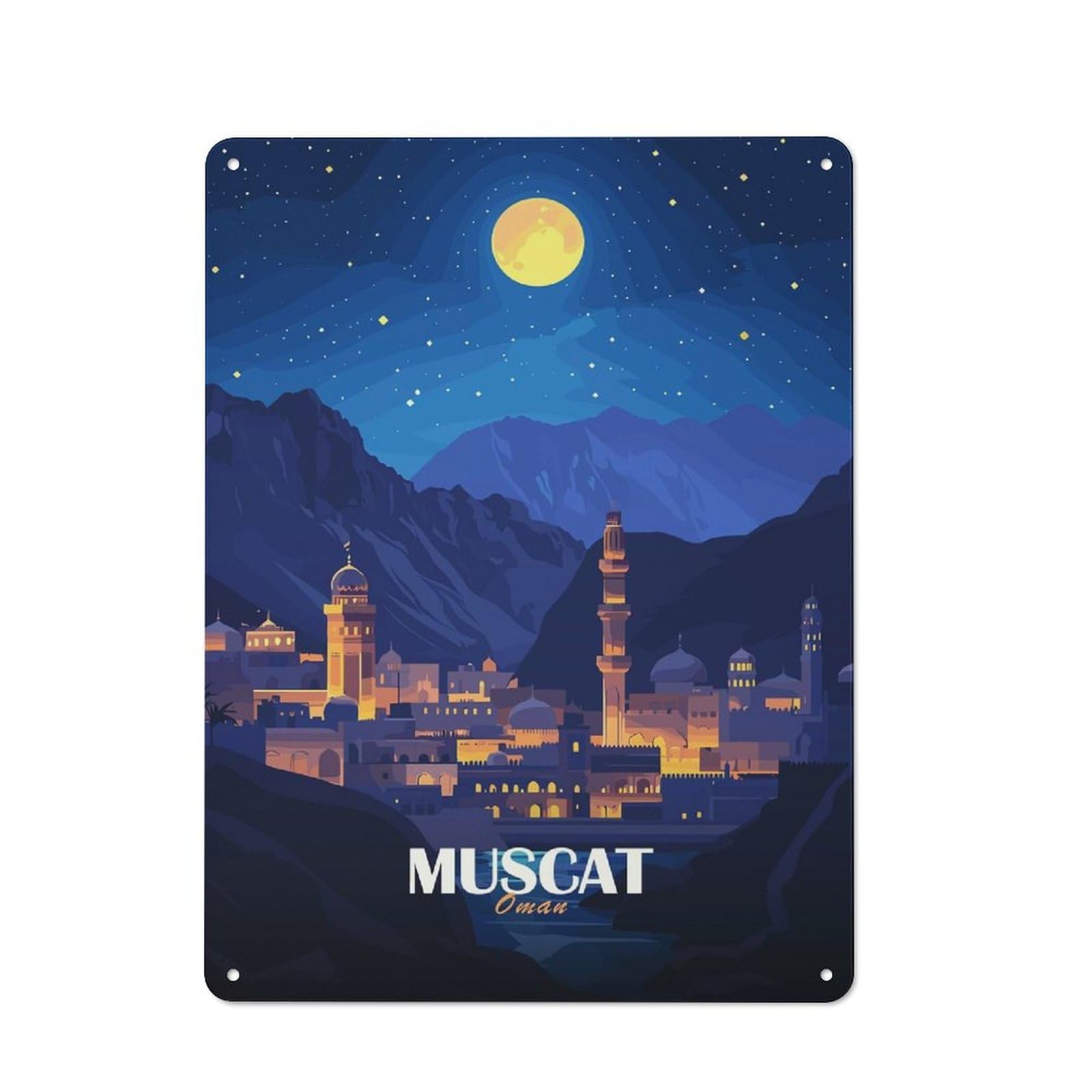 Junmoney Muscat, Oman Nightscape Illustration Printed Metal Sign 40X30cm For Guest Room Or Hallway, Suited To Home Decor Collectors