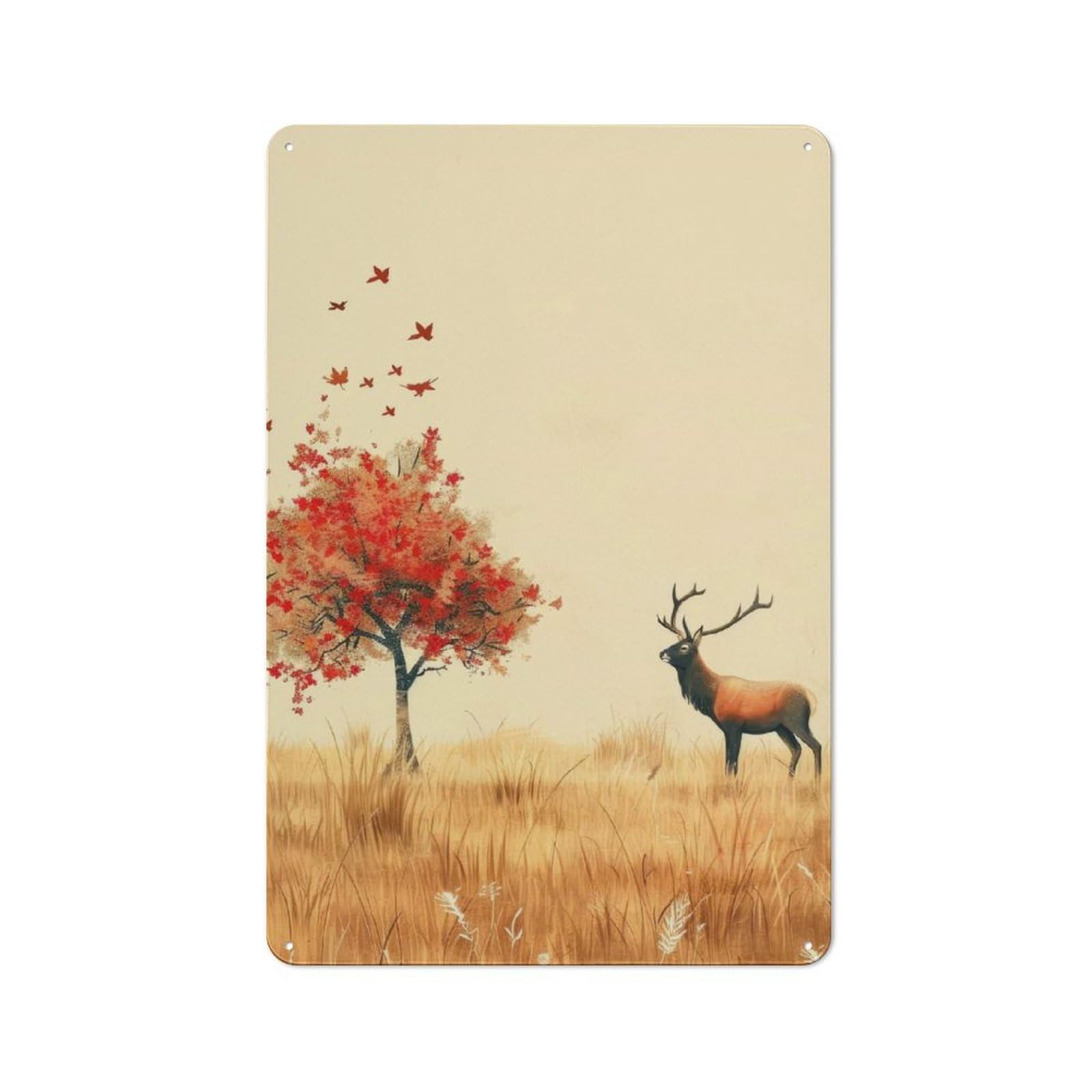 Junmoney Autumn Deer And Tree Industrial-Style Metal Sign 30X20cm For Home Bar Wall, Housewarming Wall Decor For People Furnishing Home Bar