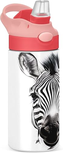 GOODOLD Botella de agua de cebra negra y blanca para niños, botellas de agua aisladas de acero inoxidable con tapa con pajilla, termo de boca de