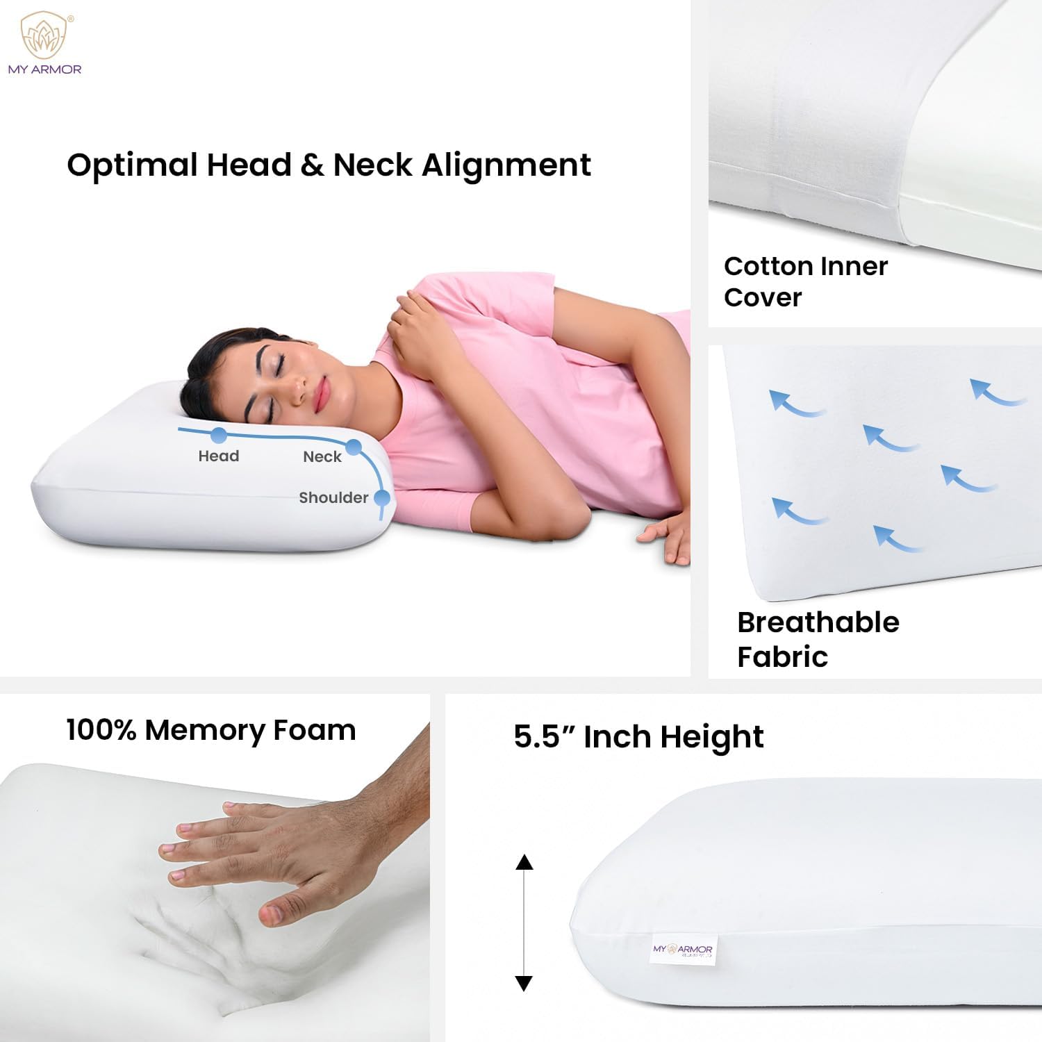 MY ARMOR Memory Foam Pillow, Orthopedic Pillow for Sleeping & Neck Pain Relief, Extra-Thick King Size Pillow - 23.5x15.5x5.5 Inches, Without Cover, White, Pack of 1