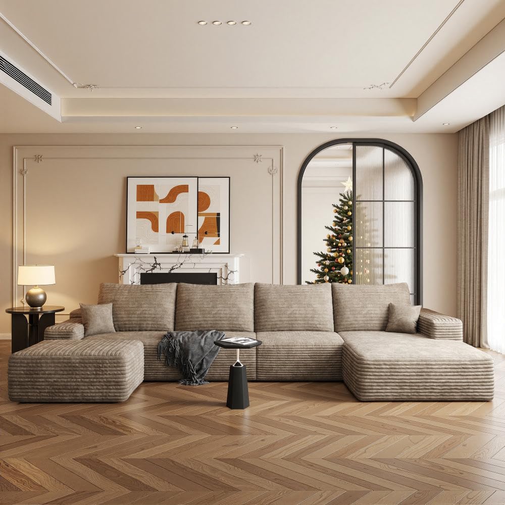 Boneless Couch, Modular Sectional Couches for Living Room, U-Shaped Cloud Couch Sofa with Deep Seat, Fluffy Corduroy Upholstered Corner Sofa