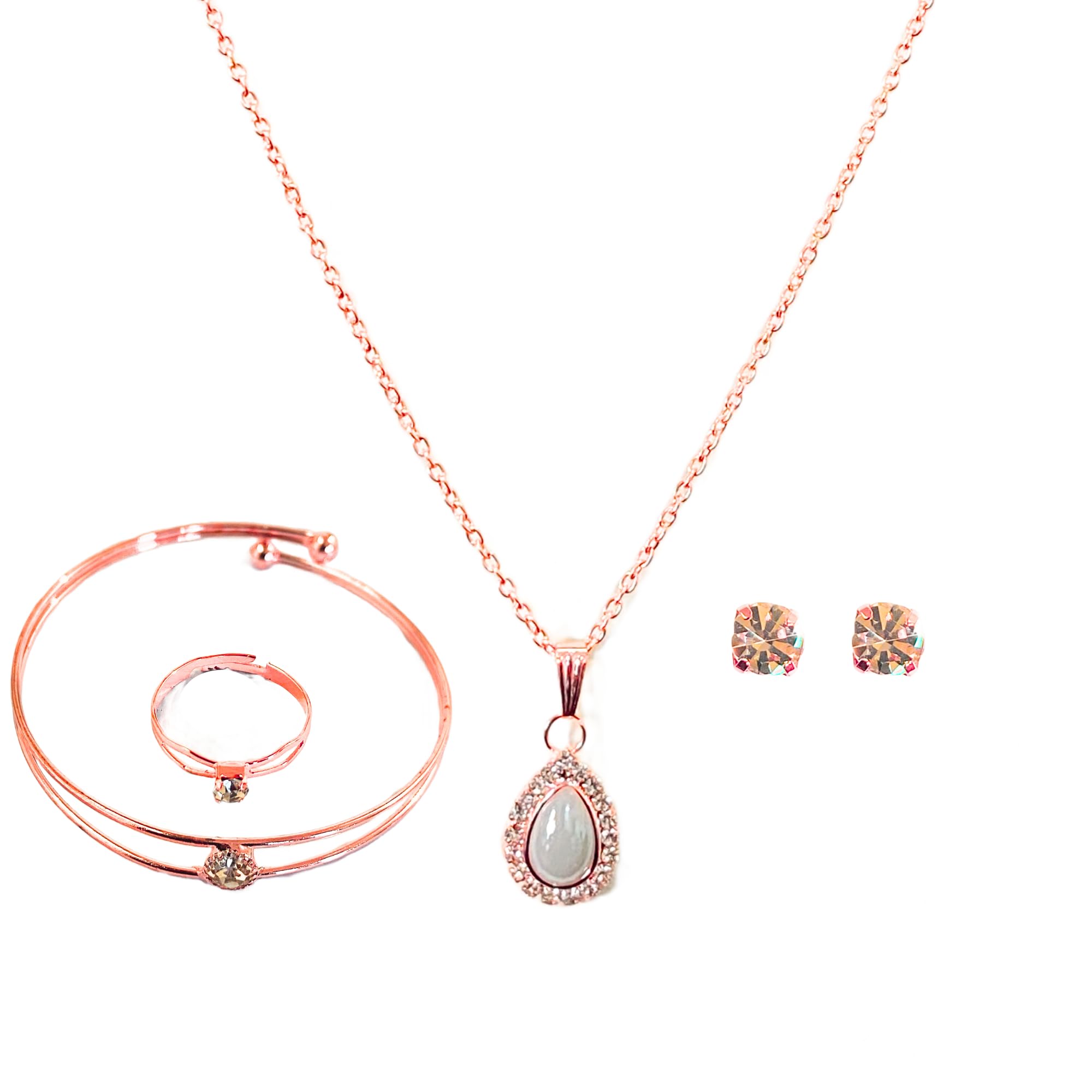 Jewelry Set with Teardrop Pendant Necklace, Stud Earrings, Bangle Bracelet, Ring, Rose Gold, Crystal Embellished, 4 Pieces