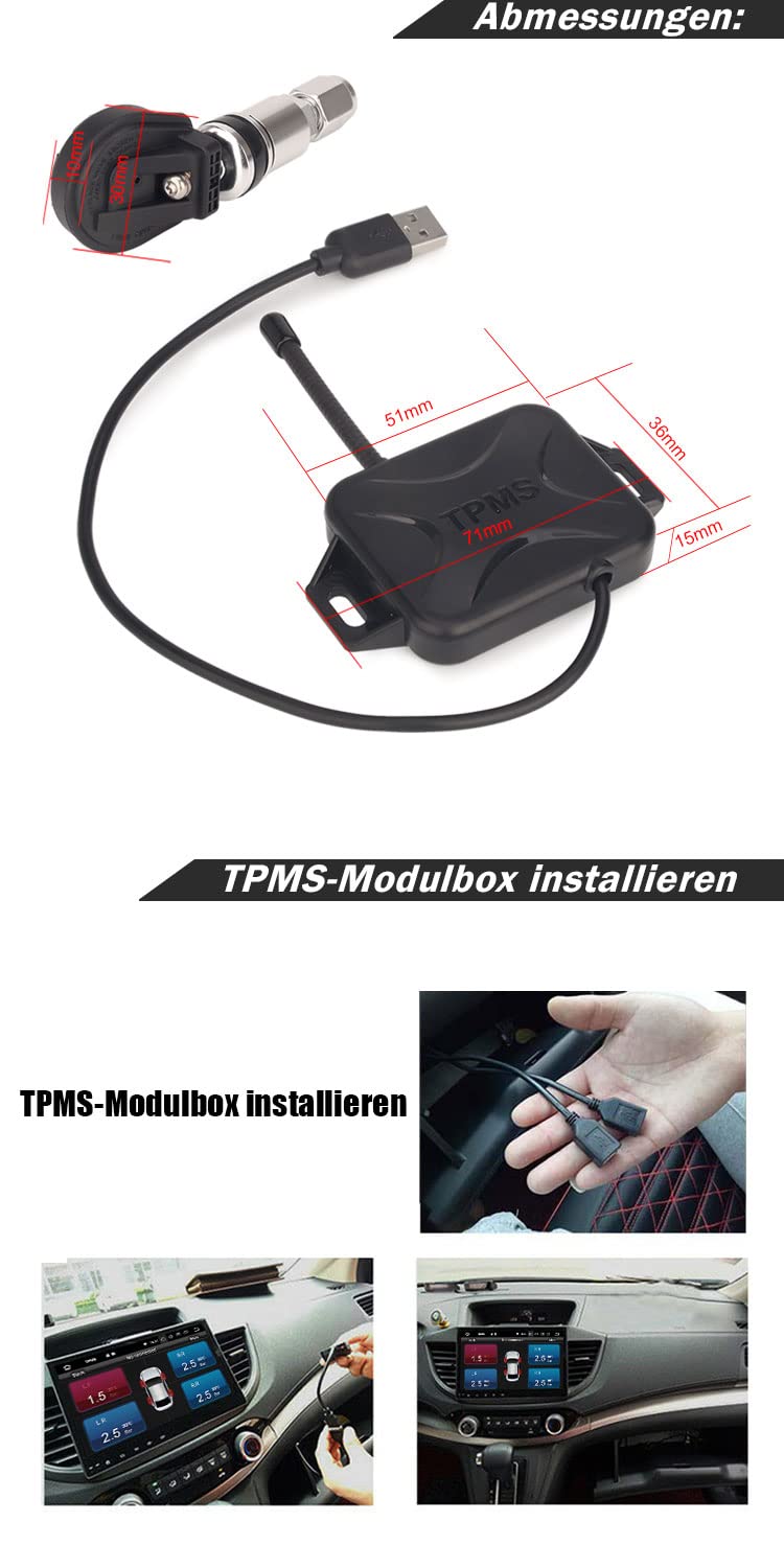 erisin Universal USB Reifendrucksensor Reifendruckkontrollsystem USB TPMS Modul Reifendruckprüfer mit 4 Interne Sensors für Android Autoradios