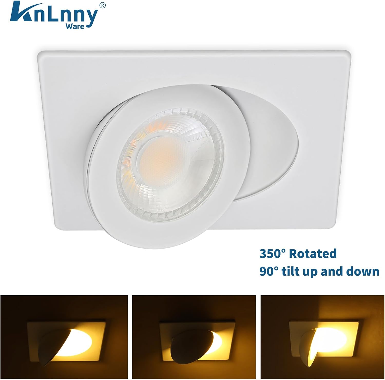 KnLnny Ware Square Gimbal Recessed Lighting 4 Inch 6 Pack, Ajustable Eyeball recessed Light with Junction Box,5 Color Selectable,Airtight,9W 750LM,Dimmable,White