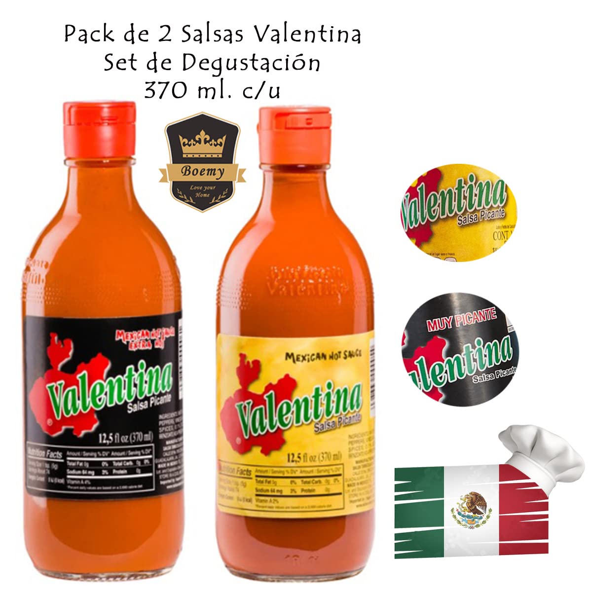 BOEMY Pack de 2 Salsas Valentina – La Original Valentina de México 370 ml. c/u, Amarilla Picante y Negra Extra Picante - la combinación perfecta para tus Snacks