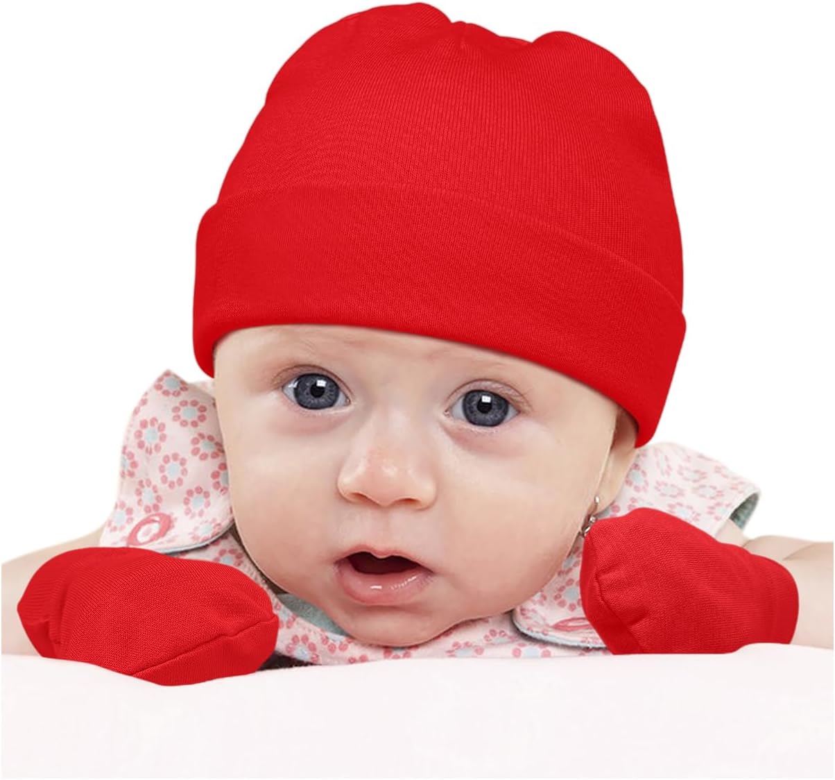 Cotton Baby Hats and Mittens Set Unisex, Toddler No Scratch Mittens and Beanie Cap Infant Newborn Hospital Hat