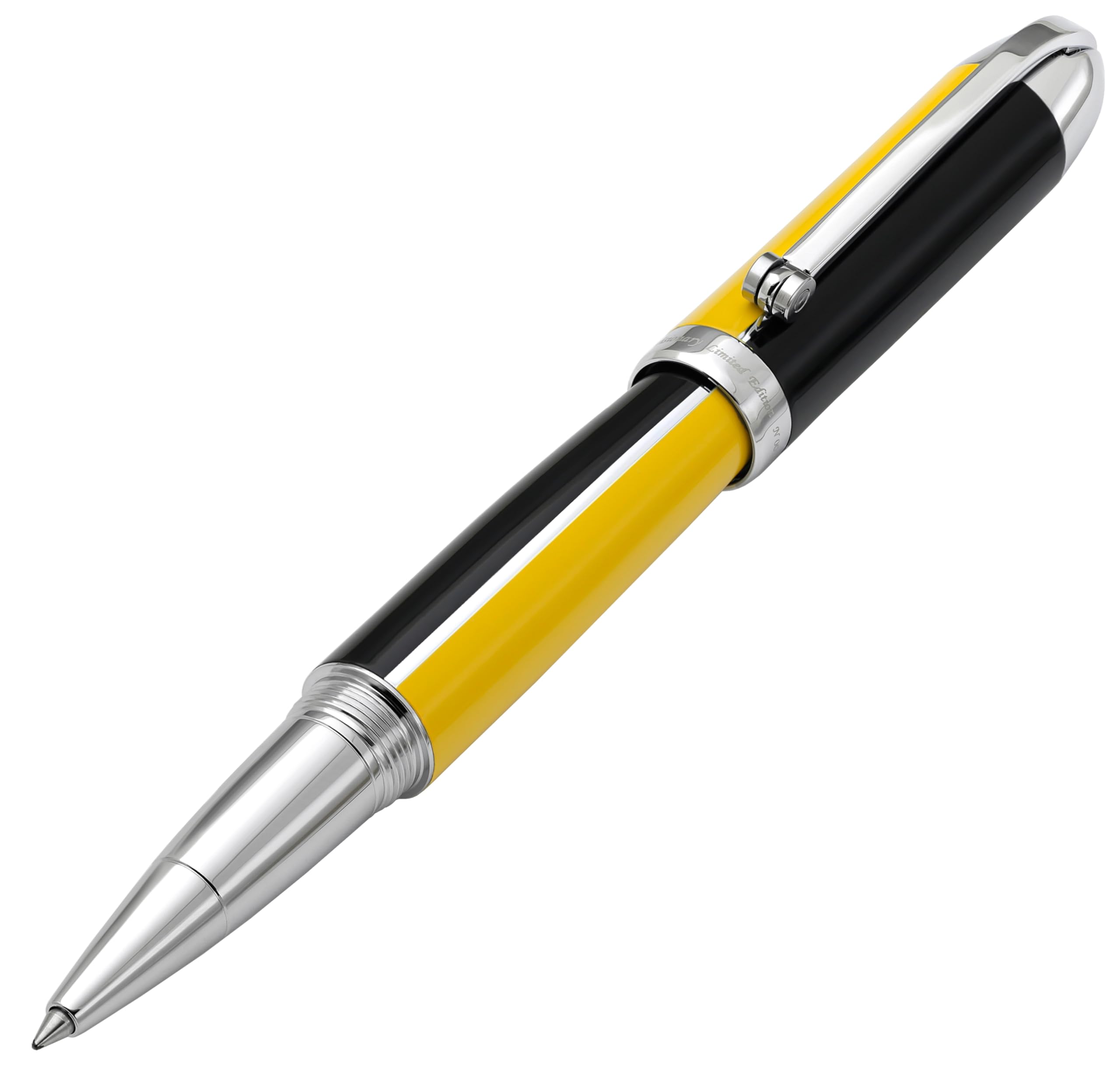 Xezo Visionary Brass and Aluminum Rollerball Pen, Speed Yellow and Black Lacquer. Numbered in Limited Edition of 500. Classic Art Deco Color Disposition, Retrofuturistic Body Style
