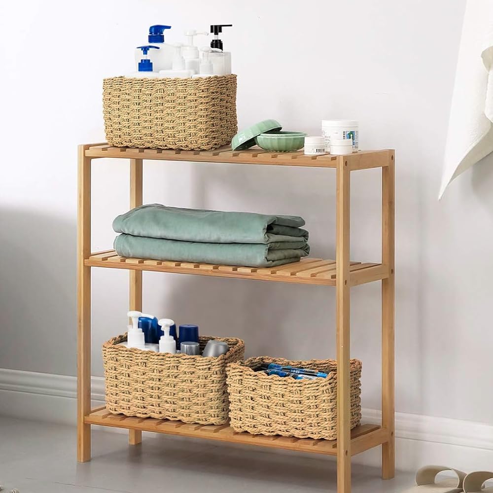 Paniers de Rangement en Osier Tissé, Lot de 4 Paniers de Rangement Tissés pour Salle de Bain - Naturel Rangement Empilables Panier pour Salon, Chambre D'enfant, Salle de Bain - Différentes Tailles