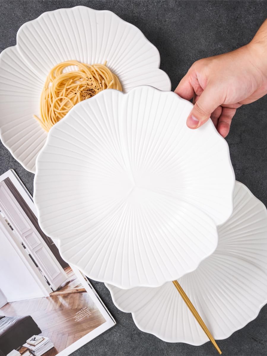 CLAY TONIC Set of 3-10 Inch Japanese Style Flower Petal Shaped Porcelain Round Dinner Plates, Versatile Circular Serving Plates for Pasta, Salad, Steak Dinner (White, 10 Inches)
