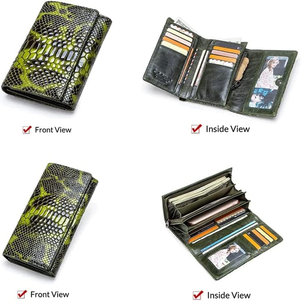 LIOONS Wallet Women's Leather Wallet Fashion Snake Print Card Holder Green Long Coin Purses Large Capacity Coins Pocket Unisex Tear-Resistant