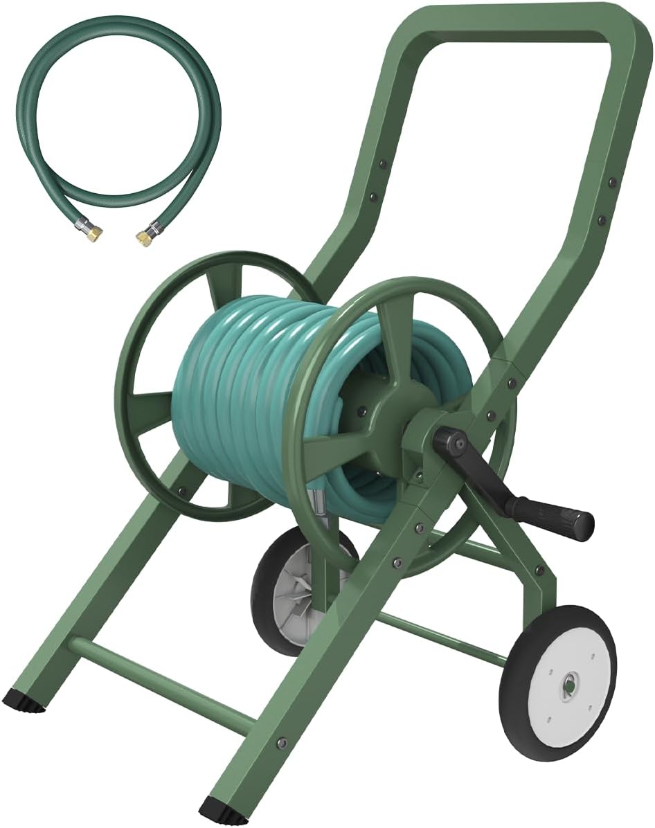 Artigarden Garden Hose Reel Cart with Wheels, Outdoor Heavy Duty Powder-coated Steel Water Storage Winder Holder, Holds 125 ft of 5/8’’ Hose with 3.9 Ft Leader Hose for Outside Lawn Yard, Green