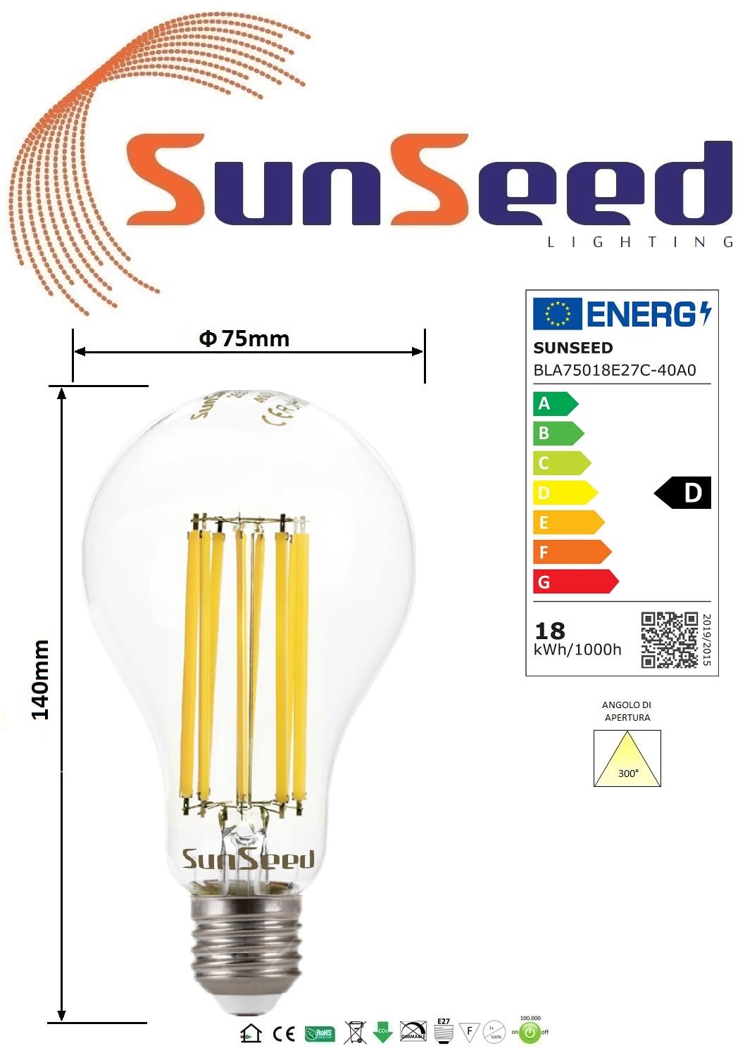 SUNSEED 10x Lampadina E27 Filamento LED 18W Goccia A75 2700 Lm Naturale 4000K, 162W Equivalente