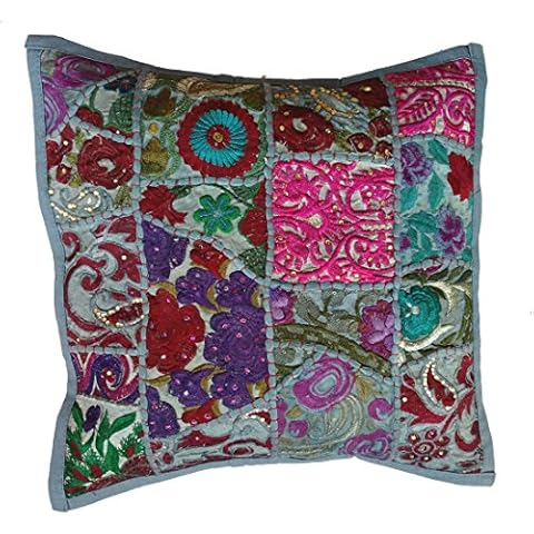 Funda de cojín de retazos de sari étnica india bordada Cover
