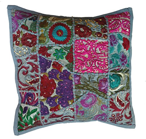 Rastogi Handicrafts Cojín de retazos hecho a mano, funda de cojín con parche de sari, fundas de almohada étnicas indias bordadas (gris)