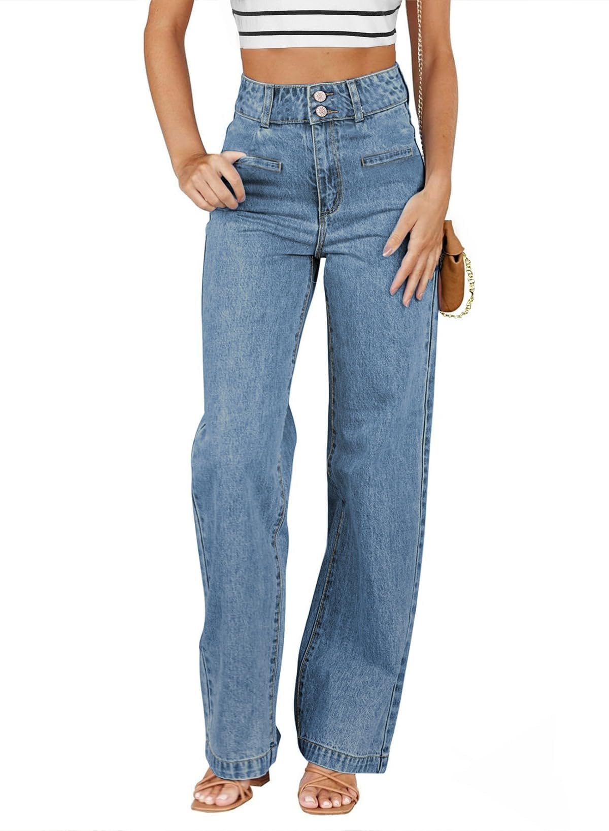 Sidefeel Jeans for Women High Waisted Straight Leg Denim Pants | Soft Stretchy Denim, Dual Button Closure, Full Length, Relaxed Fit Wide Leg Jeans with Pockets, Dressy Casual Wear